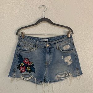 ZARA Distressed Embroidered Denim Shorts